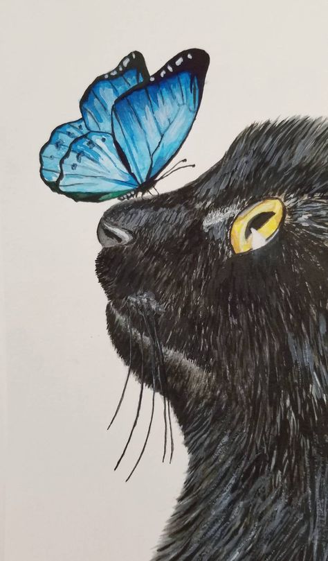 Butterfly On Cats Nose Drawing, Cat And Bird Painting, Cute Cat Watercolor Paintings, Cat And Butterfly Painting, Painting Ideas Cute Animals, 2 Cats Painting, Animal Portraits Art Drawings, Cat Flower Painting, Kitty Paintings Easy