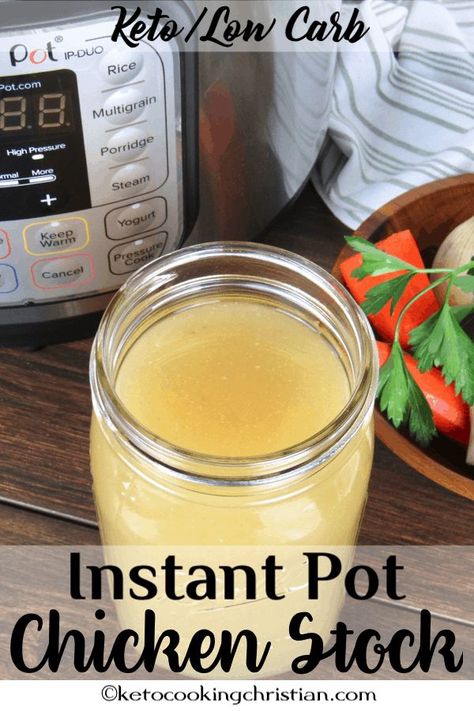 One Hour Homemade Chicken Stock - Instant Pot / Pressure Cooker Homemade chicken stock made in the Instant Pot in just one hour, but tastes like it took all day to make! #ketorecipes #keto #lowcarb #ketodiet #ketogenicdiet #lowcarbdiet #ketogenic #lowcarbhighfat #lowcarbrecipes #lchf #glutenfree #ketoweightloss #ketocookingchristian Instant Pot Chicken Broth, Instant Pot Chicken Stock, Make Chicken Broth, Chicken Broth Recipes, Chicken Stock Recipe, Gluten Free Instant Pot, Stock Recipes, Homemade Chicken Stock, Bone Broth Recipe