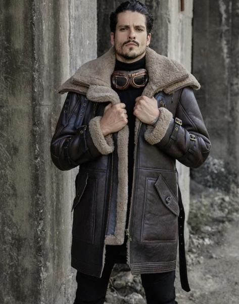 Leather Overcoat, Long Fur Coat, Pilot Jacket, Fur Jackets, Mens Fur, Double Collar, Mens Fashion Rugged, Outwear Coat, Sheepskin Coat