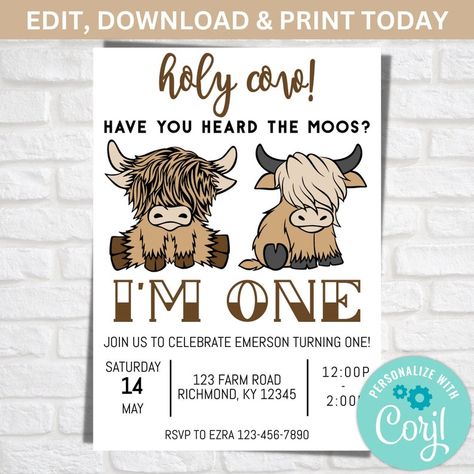 Holy Cow I'm One Holy Cow Birthday Invitation Highland - Etsy Highland Cow Birthday Party Invites, First Birthday Themes Cow, Cow Birthday Party Cake, Highland Cow 1st Birthday Party, Highland Cow Invitation, Highland Cow Birthday Theme, Highlander Cow Birthday Party, Highland Cow First Birthday Boy, Highland Cow Birthday Party Ideas