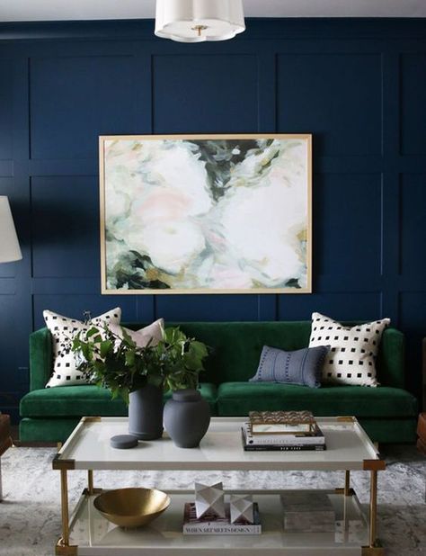 This navy-paneled room works for so many reasons, but the velvet forest green tuxedo sofa is certainly the star of the show. | Designer: Studio McGee Furnitur Ruang Keluarga, Retro Sofa, Green Sofa, Green Retro, Room Color Schemes, Living Room Green, Blue Living Room, Design Del Prodotto, Retro Tv