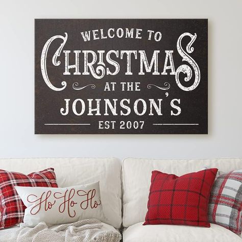 Milweb1 Personalized Family Name Welcome To Christmas/Rustic Vintage Farmhouse Holiday Decor Canvas Sign Holiday Decorations Wall Decor Print (24"x36") Holiday Must Haves, Vintage Truck Christmas, Living Room Mockup, Personalized Christmas Decor, Christmas Mood Board, Farmhouse Holiday Decor, Christmas Bride, Santa's List, Welcome To Christmas