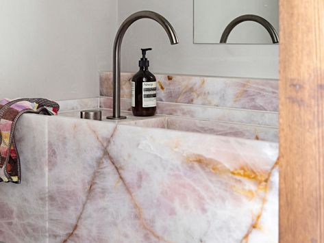 Rosa Calmante Quartzite - CDK Stone Pink Granite Bathroom, Rose Quartz Bathroom Sink, Pink Marble Sink, Bathroom Pink Marble, Rose Quartz Sink, Pink Stone Bathroom, Pink Quartz Countertops, Rose Quartz Interiors, Quartzite Kitchen Countertops