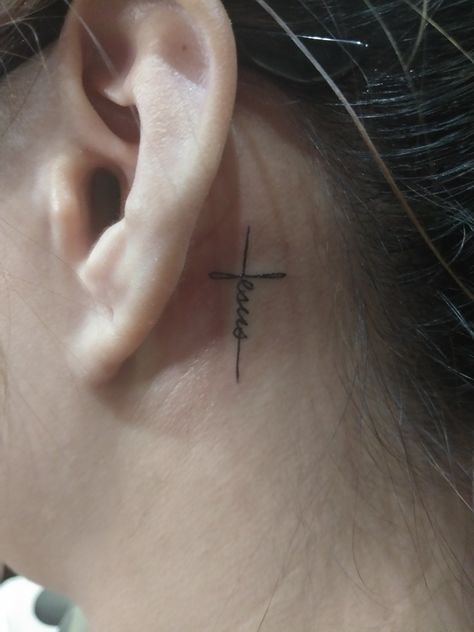 Tattoos For Women Behind Ear, Cross Tattoo Behind Ear, Cross Behind Ear, Cross Behind Ear Tattoo, Christian Tattoos For Women, Tattoo Ear, Jesus On Cross, Faith Tattoo, Tattoo Cover Up Ideas