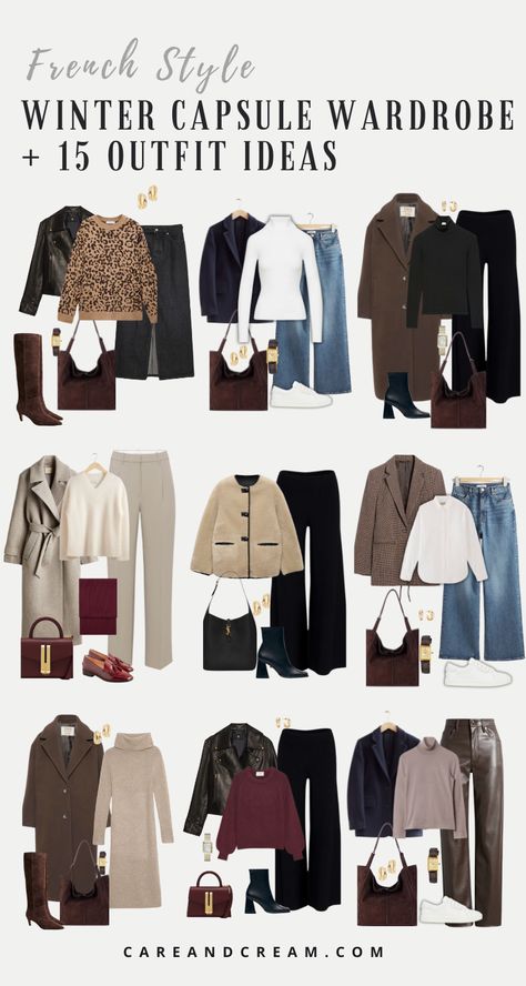 The ultimate guide to French winter wardrobe essentials. Explore the must-haves for a winter capsule wardrobe, along with 15 stylish French winter outfits that showcase all the chic, timeless french winter style. Discover the basics of winter clothing for women and how to create a compact yet versatile wardrobe. French women aesthetic, how to dress like a french woman, parisian chic. Parisian Effortless Style, Parisian Wardrobe Essentials, French Women Style Outfits Parisian Chic, Winter Must Haves Clothes, French Chic Aesthetic, Winter Dressing Ideas For Women, Paris Winter Outfit Parisian Style, Classy Wardrobe Essentials, Winter Outfits Capsule Wardrobe