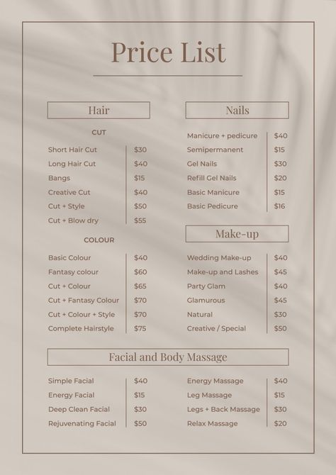 Salon Pricing Menu Ideas, Esthetician Price List Ideas, Minimalist Price List Design, Service Price List Design, Hair Salon Price List Ideas, Beauty Price List Design Ideas, Business Price List Design, Salon Price List Template Free, Spa Price List Design