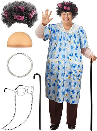 Old Lady Costume For Kids, Old Lady Halloween Costume, Grandma Wig, Granny Wig, Granny Costume, Granny Glasses, Grandma Dress, Granny Dress, Old Lady Costume