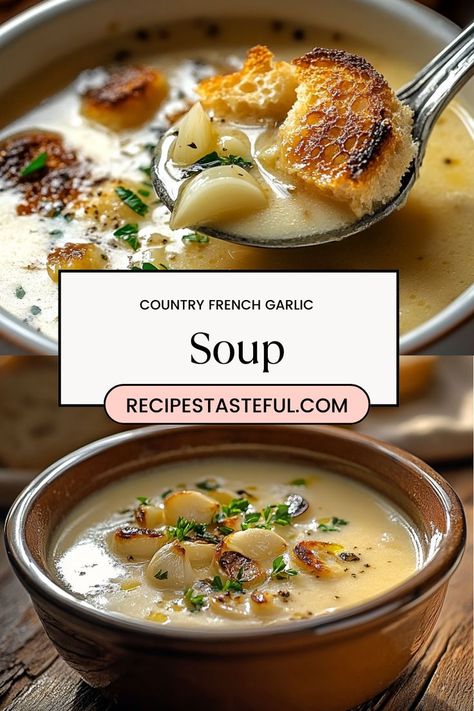 This comforting Country French Garlic Soup is a flavorful blend of roasted garlic, fresh herbs, and creamy textures, creating a rich and satisfying dish. Perfect for a cozy evening, this soup warms you from the inside out, offering a delightful balance of savory flavors that will leave you craving more. Country Garlic French Soup, Garlic Bread Soup Recipe, Austrian Garlic Soup, Garlic Leek Soup, Country Garlic Soup, Creamy Garlic Soup Recipe, French Garlic Soup Recipe, French Entree Recipes, Garlic Soup Recipe Roasted