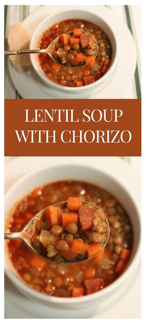 How to make Lentil Soup With Chorizo │In the Mexican region of Yucatán Península, Lentil soup is a rich combination of pork meat, chorizo, and sausages with carrots and potatoes. #mexicanrecipes #mexicanfood #mexicancuisine #soup #lentil Soup With Chorizo, Mexican Soups, Soup Lentil, Mexico In My Kitchen, Chorizo Soup, Mexican Soup Recipes, Food Tacos, Mexican Chorizo, Chorizo Recipes