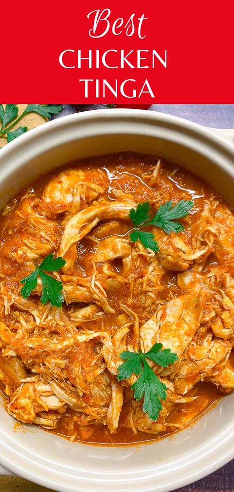 Chicken Tinga Crock Pot Tinga Chicken, Chicken Tinga Authentic, Boiled Mexican Chicken, Crockpot Chicken Tinga Recipe, Tinga Chicken Crock Pot, Chicken Tinga Slow Cooker, Best Chicken Tinga Recipe, Tinga In Crockpot, Slow Cooker Tinga Chicken