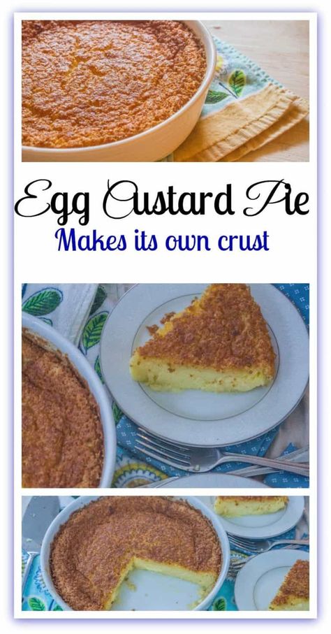 Egg Custard Pie. A one bowl egg custard pie that makes its own crust. Egg Custard Pie Recipe, Eggless Custard, Egg Custard Pie, Custard Pie Recipe, Egg Pie, Egg Custard, Custard Recipes, Friends Food, Easy Pie