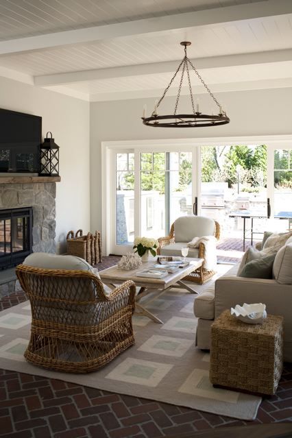 Ceiling Brick Herringbone Floor, Herringbone Brick Floor, New York Interior Design, New York Interior, Tv Over Fireplace, Sun Rooms, Cottage Furniture, Cottage Living Rooms, Cottage Living