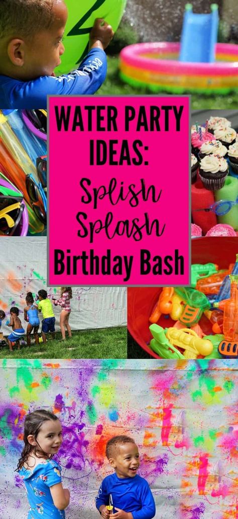 Water party ideas to throw a perfect summer birthday party with sprinklers, water games, kids' mural art. Includes free invitation and sign printables! Water Party Ideas For Kids, Water Party Ideas, Kids Water Party, Splish Splash Birthday Bash, Splish Splash Party, Water Birthday Parties, Kids Mural, 4de Verjaardag, Water Birthday