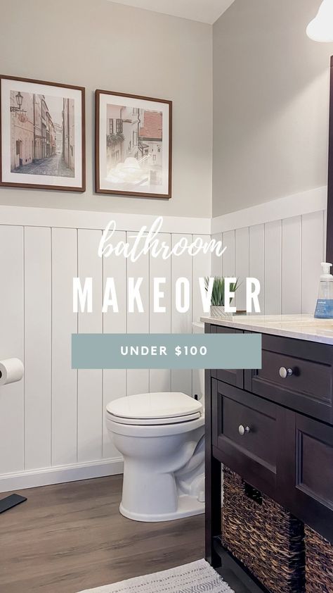 Amanda Vernaci | Come Stay Awhile | Budget-friendly half bathroom makeover for under $100! . Adding a vertical shiplap half wall adds visual interest to your space that… | Instagram Small Bathroom Remodel Diy Budget, Guest Bathroom Paneling, Shiplap One Wall Bathroom, Bathroom With Half Shiplap Walls, Painted Half Wall Bathroom, Shiplap Over Tile Bathroom, Bright Half Bathroom Ideas, Half Wall In Bathroom, Simple Accent Wall Ideas Bathroom