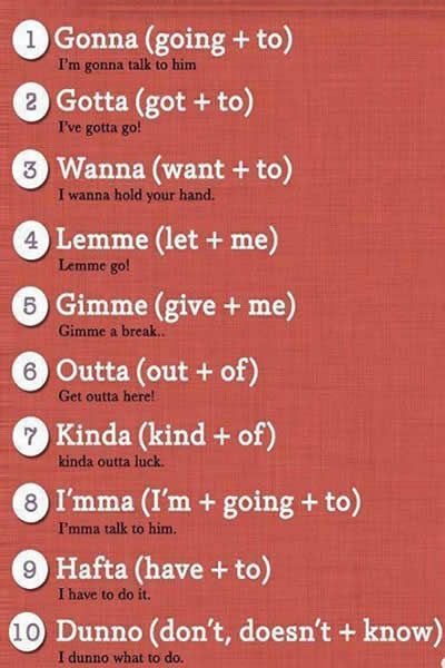 uses of gonna, gotta, wanna, lemme, gimme and others Slang English, Struktur Teks, Teaching English Grammar, English Learning Spoken, Conversational English, English Vocab, English Verbs, Learn English Grammar, Interesting English Words