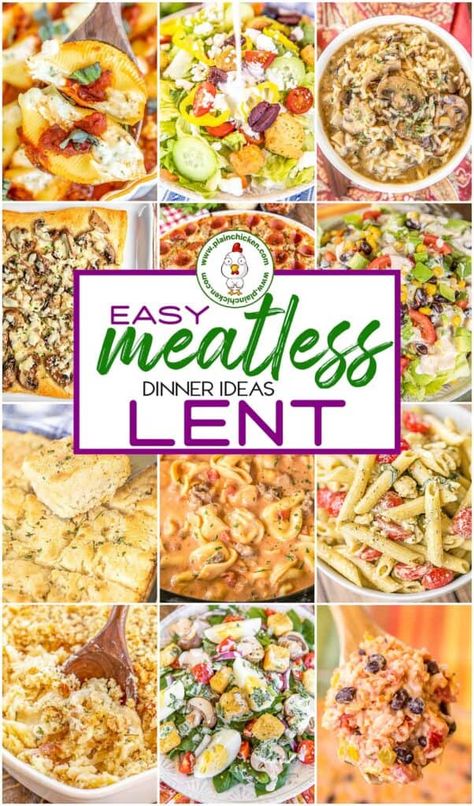 Meatless Dinner Ideas for Lent - six weeks of dinner menus to help you go meatless during Lent. All of the recipes are quick, easy, and delicious! We've got soups, pasta casseroles, pizza, salads, pasta salads, and bread. Skip grabbing a Filet O'Fish sandwich at the drive-thru and whip up one of these delicious menus instead! #lent #meatless #salad #soup #pasta Lent Recipes Meatless Meals, Lent Dinner Ideas, Meatless Dinner Recipes, Ideas For Lent, Meatless Dinner Ideas, Veggie Grilled Cheese, Recipes For Lent, Pasta Casseroles, Lenten Recipes