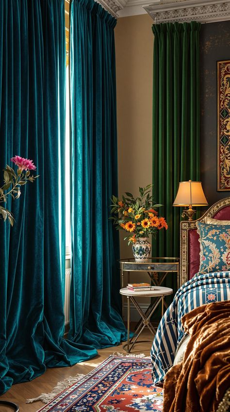 Boho Bedroom Curtain Ideas Teal Velvet Curtains Bedroom, Boho Velvet Curtains, Eclectic Curtains Bedroom, Velvet Curtains Bedroom Decorating Ideas, Dark Teal Curtains, Boho Curtain Ideas, Velvet Curtains Bedroom, Boho Window Treatments, Jewel Tone Bedroom