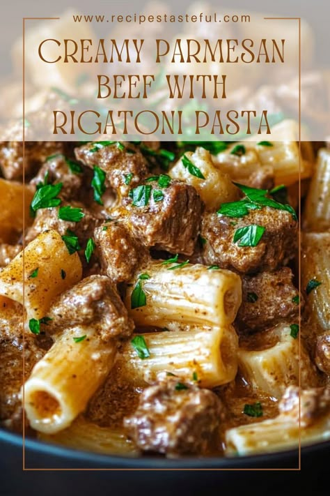 This Creamy Parmesan Beef Rigatoni is packed with savory flavors, tender beef, and a rich, creamy sauce that clings to every bite of pasta. Perfect for a cozy and satisfying dinner! Beef Rigatoni, Chicken And Mushroom Stroganoff, Rigatoni Pasta Recipes, Pasta Ground Beef Recipes, Mexican Ground Beef Recipes, Italian Beef Crockpot, Beef Recipes Summer, Fast Ground Beef Recipes, Chicken And Veggie Recipes