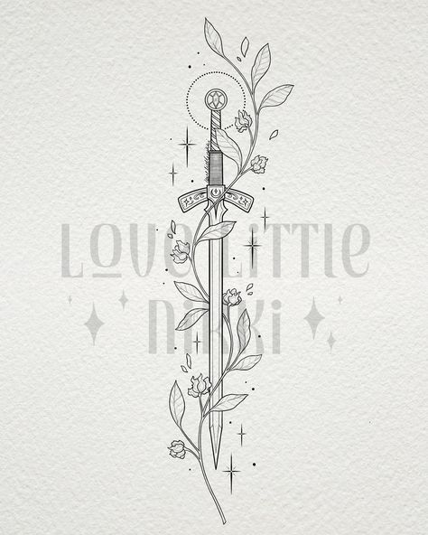 Pretty delicate Goldryn piece for Haley 🗡️🌿 Goldryn is wrapped within the King flame flowers that bloom in Terrasen only under the reign of a great ruler 🔥 #throneofglass #goldryn #swordtattoo Throne Of Glass Tattoo Ideas Aelin, Kingsflame Flower Tattoo, Goldryn Tattoo Tog, Kingsflame Flower Tog, Goldryn Tattoo, Aelin Galathynius Tattoo, Tog Tattoo Ideas, Tog Tattoo, Book Inspired Tattoos