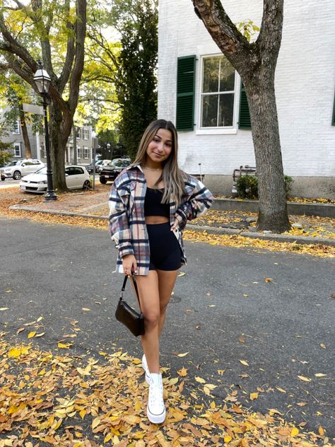 Converse And Biker Shorts, Romper And Flannel Outfit, Cropped Flannel Jacket Outfit, Shorts With Converse Outfits, Biker Shorts And Converse Outfit, Flannel And Biker Shorts Outfit, Flannel Shorts Outfit, Flannel Outfits With Shorts, Biker Shorts And Oversized Shirt