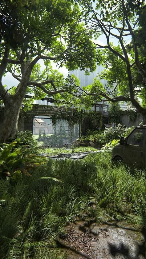 Plant Apocalypse Aesthetic, Overgrowth Aesthetic, Post Apocalyptic Nature, Plant Apocalypse, Dystopian Nature, Tlou Aesthetic, Apocalypse Landscape, Post Apocalyptic City, Post Apocalyptic Art