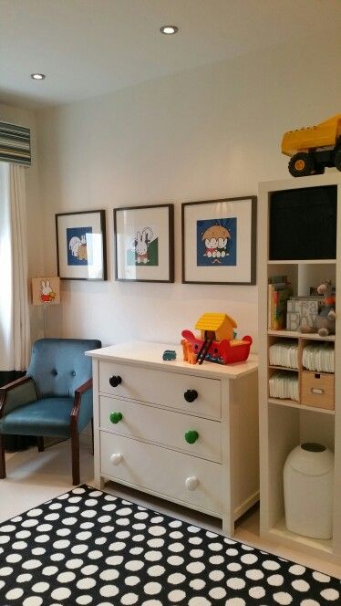 Baby boys nursery. Miffy bunny theme. Hemnes, kallax. Black, green and white. Interior by Linndesigns Miffy Furniture, Miffy Nursery, Kallax Black, Miffy Traffic Light, Miffy Bedsheets, Miffy Nursery Decor, Miffy Bunny, Baby Boys Nursery, Miffy Night Light