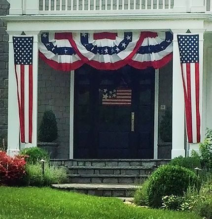 4th Of July Bunting On House, Flag Bunting On House, American Flag Bunting Porch, Porch Bunting, Patriotic Ornaments, American Flag Bunting, Patriotic Porch, Patriotic Bunting, Fourth Of July Decorations