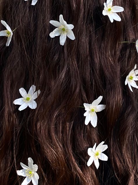 flowers in hair, spring hairstyle, fairy into the wood Daisies In Hair Aesthetic, Flowers In Black Hair, Daisies In Hair, Flowers In Hair Aesthetic, Hairstyle Fairy, Hozier Songs, Rapunzel Aesthetic, Fairy Watercolor, Flowers In My Hair