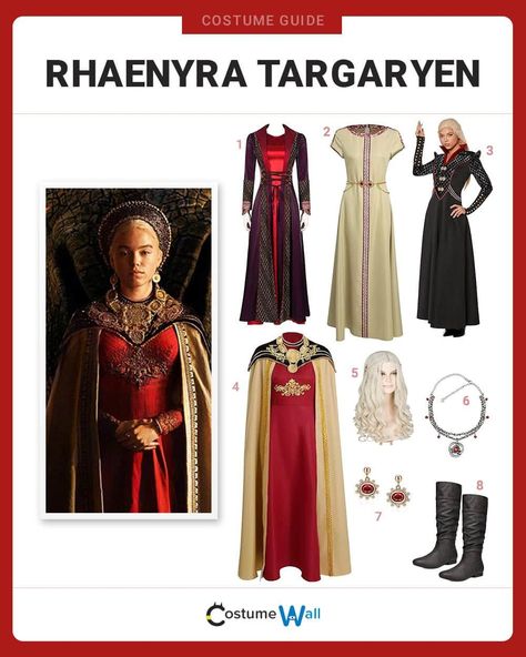 Rhaenyra Targaryen Costume Targaryen Costume, Dress With Cloak, Knee High Winter Boots, High Winter Boots, Royal Accessories, Medieval Dresses, Red Ruby Earrings, Dress Medieval, Got Costumes