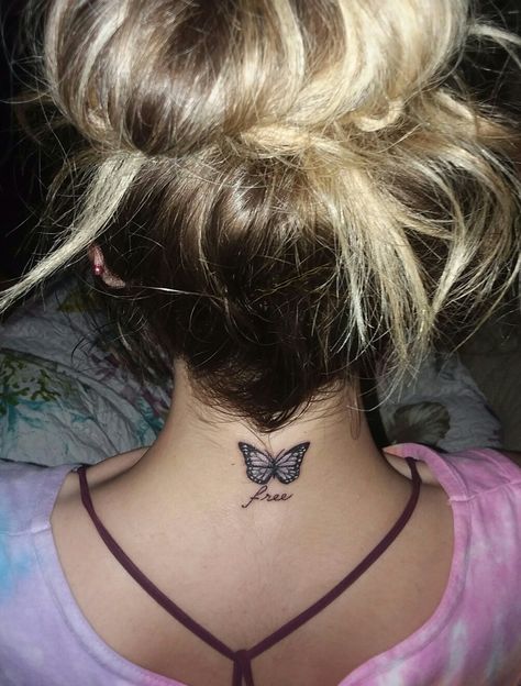 #EpilespyAwarness #PurplePride #SeizureFree #EpilepticWarrior Back Of Neck Tattoo Men, Butterfly Neck Tattoo, Purple Butterfly Tattoo, Tattoo Colour, Butterfly Tattoos Images, Monarch Butterfly Tattoo, Nape Tattoo, Tattoo Neck, Rose Tattoos For Women