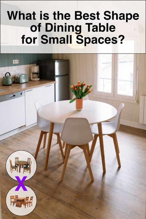 So what is the best shape of dining table for a small space? First, you need to take into consideration the shape of your dining space. Second, and most importantly, you need to think about how many seats you need, as different shapes will optimize space for a different number of seats: For 2 to 3 seats: Square Tables For 4 to 5 seats: Round Tables For 6 to 7 seats: Oval Tables For 8+ Seats: Rectangular Tables with Bench on One Side Round Dinning Room Table, Dining Room Design Round Table, Four Seater Dining Table, Dining Table Small Space, Oval Tables, Circle Dining Table, Space Saving Dining Table, Best Dining Room, Small Dining Room Table