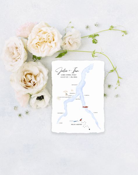 Lake Como Italy Watercolor Wedding Map Invitations Villa Balbianello Lake Como Wedding Invitations, Map Of Lake Como Italy, Lake Wedding Invitations, Lake Como Map, Wedding Venue Lake Como, Italian Wedding Invitations, Italy Watercolor, Watercolor Wedding Map, Villa Balbianello