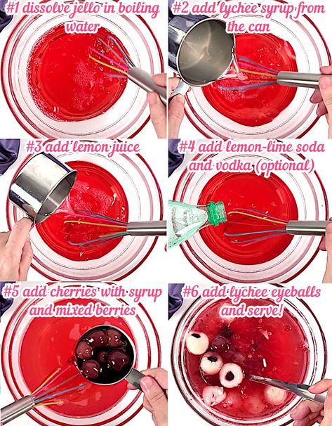 What's in the Witch's Brew Punch? EYEBALLS! This horrifying Halloween Party Punch is easy to make, tastes delicious and refreshing and you can make it non-alcoholic or spiked with vodka! | jellojoy.com Eyeball Punch, Halloween Party Punch, Eyeballs Halloween, Cranberry Jello, Cherry Vodka, Halloween Punch, Sugar Free Jello, Raspberry Vodka, Cherry Cocktail