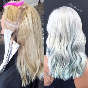 Willow Shull (@willowshull) of Kharma Design Studio, Victoria BC, caught out eye with this gorgeous white ice blonde accented with some pretty blue peek-a-boo pieces.  "Her hair was already pretty light golden blonde," says Shull of her client. "She has been coloring her roots with box color at home." Here Shull shares the how to: Step 1: Apply Wella Blondor with 30 volume catalyst and Olaplex in a virgin application (off root). Curly Balayage, Hair Color White, Hair Color At Home, Face Nails, Ash Hair, Caught Out, Hair Color Options, Ice Blonde, Icy Blonde