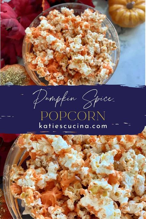 Enjoy the flavors of fall with my Pumpkin Spice Popcorn that is tossed with orange tinted white chocolate. This gluten free recipe is made in minutes, and balances the sweet and salty flavors throughout. #popcorn #pumpkinspice #snack Pumpkin Popcorn, Spiced Popcorn, Gluten Free Recipes For Lunch, Easy To Make Snacks, White Chocolate Recipes, Salty Treats, Gluten Free Recipe, Flavored Popcorn, Chocolate Candy Melts