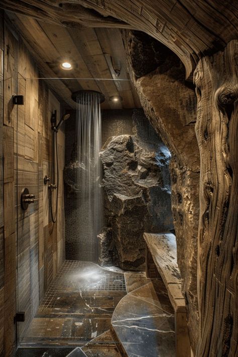 Create a harmonious and natural escape with elements like wood, stone, and water in your doorless shower. This design balances the raw beauty of nature with the cleanliness of modern aesthetics. Escape to elemental designs by clicking here. Small Dream Bathroom Ideas, Cave Like Bathroom, Rustic Bathroom Ideas Showers, Stone Bathroom Ideas, Stone Shower Ideas, Waterfall Showers, Dream Showers, Rustic Bathroom Shower, Rock Shower