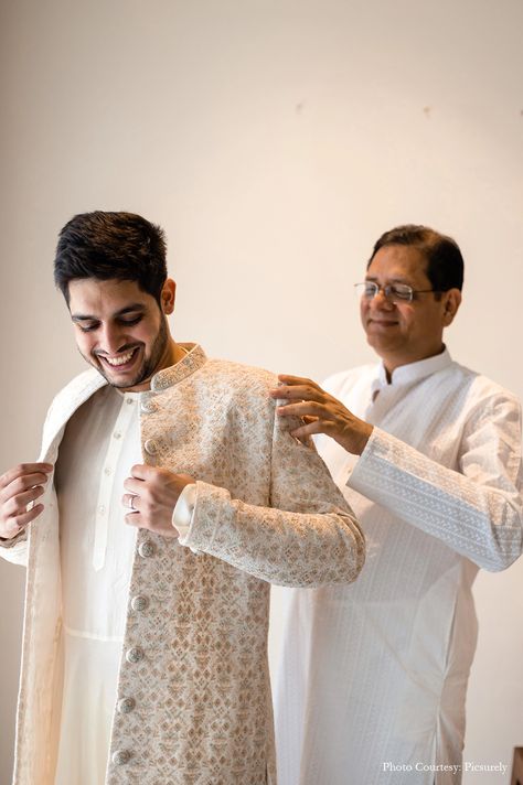 groom outfit, groom father, groom outfit, groom to be, wedding day, wedding outfit, indian wedding, sherwani, groom look, groom ring, ring band, groom dad, father, groom, son father, behind the scenes, family, wedding festivities, sherwani groom, sherwani father Dad Son Photography, Outfit Indian Wedding, Marriage Poses, Grooms Outfit, Indian Wedding Pictures, Outfit Indian, Groom Photoshoot, Family Portrait Poses, Indian Wedding Couple Photography