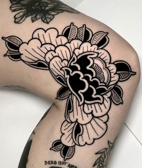 Dark Magnolia Tattoo, Symmetrical Floral Back Tattoo, Neo Traditional Sleeve Black, Warped Words Tattoo, Black Work Floral Tattoo, Front Of Forearm Tattoo, Traditional Black Tattoo Sleeve, Geometric Traditional Tattoo, Black Work Flower Tattoo