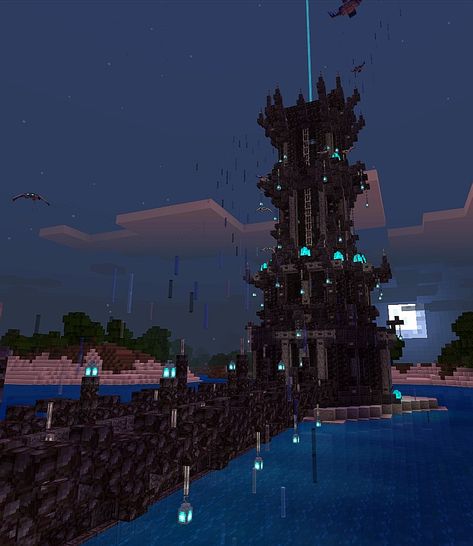 Blackstone (The Dark Tower) Tower 2.0 Minecraft Houses Blackstone, Nether Castle Ideas, Minecraft Deep Slate Tower, Blackstone Wall Minecraft, Blackstone Tower Minecraft, Black And Purple Minecraft Builds, Blackstone Build Minecraft, Dark Tower Minecraft, Minecraft Evil Tower