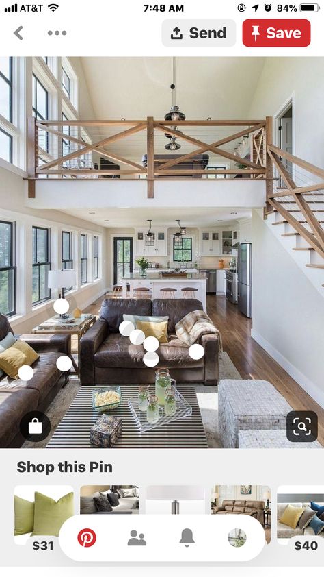 Living Room With Loft Above, Loft Open To Below, Loft Above Kitchen, Investment House, Steel Building Homes, Barn Homes Floor Plans, Lake House Interior, Open Loft, Loft Ideas