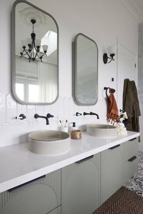 Ankur and Sharon's main ensuite featured a sage green wall-hung double vanity and mirroed shaving cabinets by Alisa and Lysandra, together with round basins. Green Ensuite, The Block 2022, Timber Benchtop, 70s Bathroom, Small Ensuite, Grey Wall Tiles, Claw Foot Bath, Bathroom Accents, Condo Design