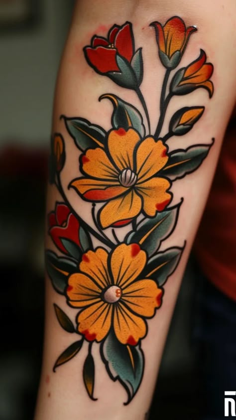 Explore beautiful October birth flower tattoo ideas for women, including Marigold and Cosmos designs! Whether you prefer traditional or neo-traditional styles, thigh or arm placement, colorful or small tattoos, we've got you covered. Find inspiration for your next tattoo project with these stunning design ideas. Medium Traditional Tattoo, Marigold And Cosmos Tattoo Design, Cosmos Flower Tattoo Traditional, Red Marigold Tattoo, Chocolate Cosmos Flower Tattoo, Neo Traditional Plant Tattoo, Open Flower Tattoo, Girly Traditional Tattoo Sleeve, Neo Traditional Filler Tattoo