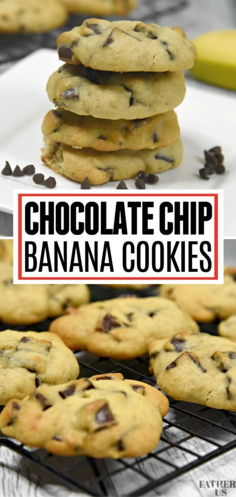 These easy banana chocolate chip cookies are super soft and chewy.  They are also healthier because I replaced half of the butter that I use for 2 yummy bananas!  Eat up! #banana #bananachocolatechipcookies #chocolatechipcookies #dessertrecipes Chocolate Chip Banana Cookies, Banana Oatmeal Chocolate Chip Cookies, Cookies Banane, Banana Cookie Recipe, Banana Chocolate Chip Cookies, Banana Bread Cookies, Healthy Chocolate Chip Cookies, Healthy Chocolate Chip, Chocolate Chip Banana