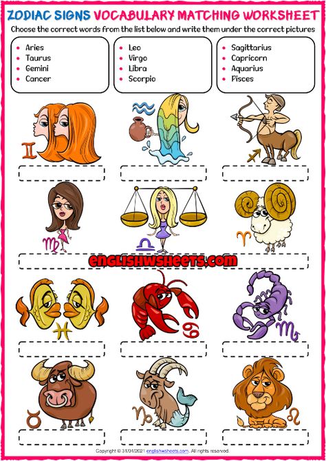 Esl Vocabulary, Kids Worksheets Printables, Vocabulary Worksheets, Worksheets For Kids, Printable Worksheets, School Supplies, Zodiac Signs, Vocabulary, Signs