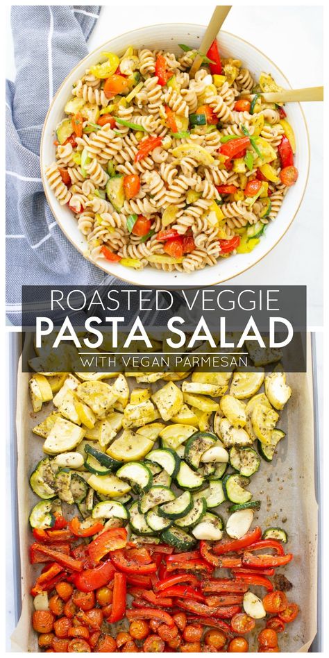 This Roasted Veggie Pasta Salad is the ultimate party side dish. Loaded with tons of veggies, whole wheat pasta and a tangy dressing | ThisSavoryVegan.com #thissavoryvegan #veganpastasalad #vegansidedish Roasted Veggie Pasta, Vegetable Pasta Salads, Veggie Pasta Salad, Roasted Vegetable Pasta, Vegan Pasta Salad, Wheat Pasta, Pasta Carbonara, Salad Pasta, Veggie Pasta