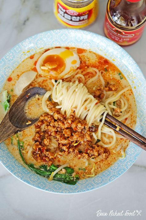 Easy Japanese Tan Tan Men (Sichuan Spicy Noodles) | Bear Naked Food Sichuan Noodle Soup, Spicy Tan Tan Ramen, Spicy Yakisoba Noodles, Tan Tan Noodles, Tan Tan Men Ramen Recipe, Tan Tan Ramen Recipe, Spicy Beef Noodles, Tan Tan Ramen, Soupy Noodles