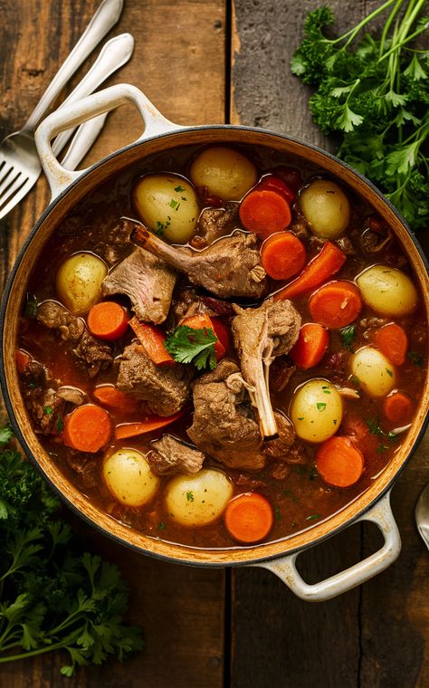 Savory Irish Lamb Stew: Tender lamb shoulder chunks, hearty potatoes, carrots, and onions, all simmered in rich beef broth. A perfect comfort food, garnished with fresh parsley. 

Prep involves browning seasoned lamb, then sautéing onions, and incorporating flour for thickness. Add broth, water, return lamb, toss in veggies, and simmer for 1.5-2 hours until tender. Adjust seasoning, and enjoy a classic, traditional Irish meal.

Prep Time: 20 mins
Cook Time: 2 hrs

#IrishLambStew #ComfortFood #HomeCooking #TraditionalIrishCooking #IrishCuisine Lamb Ragout Recipes, Irish Meal, Ragout Recipe, Irish Lamb Stew, Lamb Stew Recipes, Irish Cuisine, Vibrant Food, Lamb Shoulder, Lamb Stew