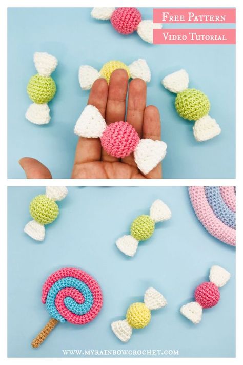 Free Crochet Candy Patterns, Crochet Candies, Crochet Candies Free Pattern, Crochet Candy Heart Pattern Free, Crochet Ice Lolly Free Pattern, Crocheted Fox Pattern, Crochet Photo Props, Giant Candy, Free Candy