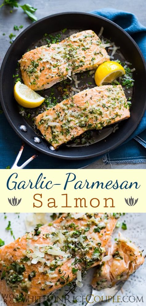 Healthy Garlic Parmesan Salmon Recipe Oven Baked | @whiteonrice Lemon Parmesan Salmon, Salmon Recipe Oven, Garlic Parmesan Salmon, Salmon Recipes Oven, Parmesan Salmon, Salmon Filets, Oven Baked Salmon, Fish Varieties, Garlic Salmon