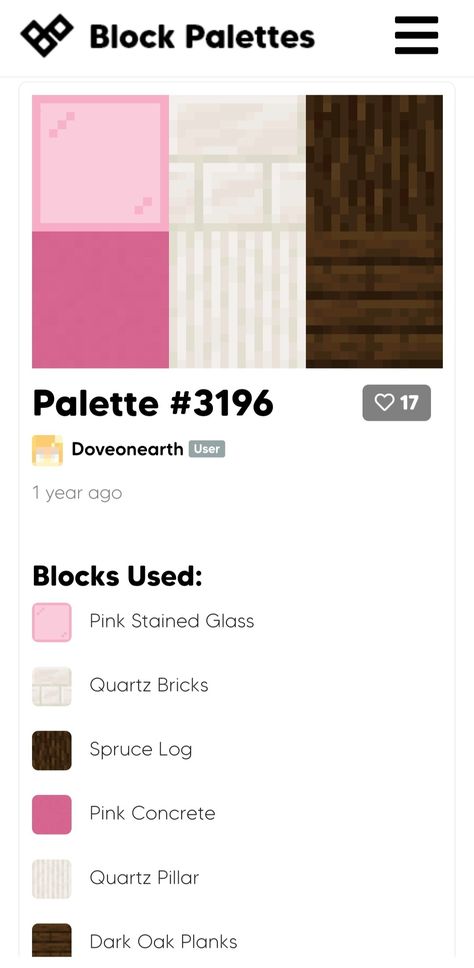 Minecraft Pink Pallet, Pink Block Palette Minecraft, Pink Minecraft Block Pallete, Cherry Wood Color Palette Minecraft, Pink Minecraft Pallet, Minecraft Block Palate, Minecraft Color Palette For Houses, Minecraft Block Combinations, Minecraft House Palette